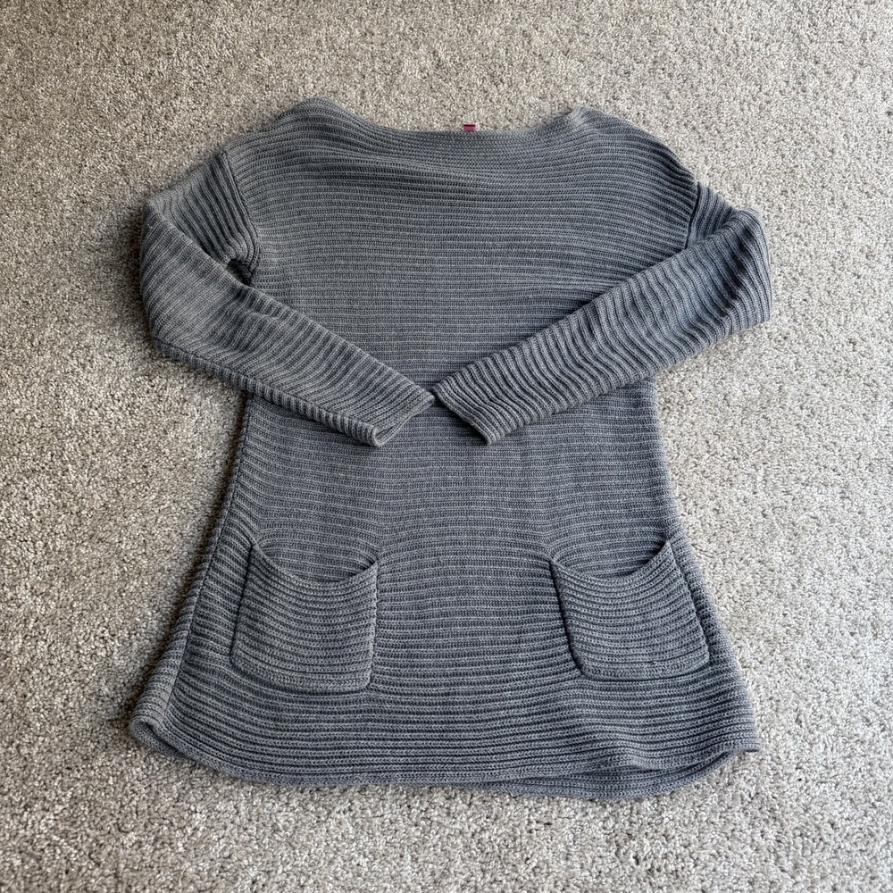 Vince Camuto Sweater Womens M Gray Tunic Long Sleeve Pockets Boat Neck Pullover